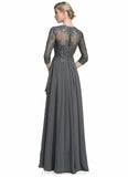 Rose A-Line V-neck Floor-Length Chiffon Lace Mother of the Bride Dress With Beading Sequins Cascading Ruffles STI126P0014756