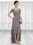 Poll A-Line Scoop Neck Asymmetrical Chiffon Lace Mother of the Bride Dress With Cascading Ruffles STI126P0014757