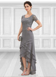 Poll A-Line Scoop Neck Asymmetrical Chiffon Lace Mother of the Bride Dress With Cascading Ruffles STI126P0014757