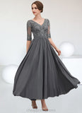 Ashlynn A-line V-Neck Ankle-Length Chiffon Lace Mother of the Bride Dress STI126P0014760