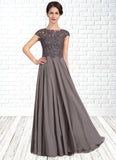 Cornelia A-Line Scoop Neck Floor-Length Chiffon Lace Mother of the Bride Dress With Beading STI126P0014761