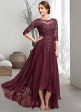 Miya A-Line Scoop Neck Asymmetrical Chiffon Lace Mother of the Bride Dress With Ruffle Sequins STI126P0014765