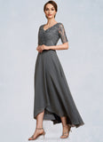 Brooklyn A-Line V-neck Asymmetrical Chiffon Lace Mother of the Bride Dress STI126P0014772