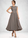 Sophronia A-Line Scoop Neck Tea-Length Chiffon Lace Mother of the Bride Dress With Beading STI126P0014774