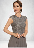 Sophronia A-Line Scoop Neck Tea-Length Chiffon Lace Mother of the Bride Dress With Beading STI126P0014774