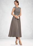 Sophronia A-Line Scoop Neck Tea-Length Chiffon Lace Mother of the Bride Dress With Beading STI126P0014774