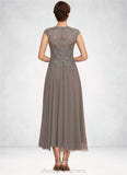 Sophronia A-Line Scoop Neck Tea-Length Chiffon Lace Mother of the Bride Dress With Beading STI126P0014774