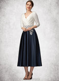 Cindy A-Line V-neck Tea-Length Satin Mother of the Bride Dress With Ruffle Appliques Lace Pockets STI126P0014778