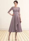 Leyla A-Line Scoop Neck Tea-Length Chiffon Lace Mother of the Bride Dress With Cascading Ruffles STI126P0014780