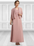 Genesis A-Line V-neck Ankle-Length Chiffon Lace Mother of the Bride Dress With Beading Sequins STI126P0014784