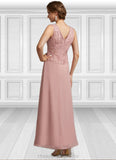 Genesis A-Line V-neck Ankle-Length Chiffon Lace Mother of the Bride Dress With Beading Sequins STI126P0014784