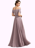 Adalyn A-Line Off-the-Shoulder Floor-Length Chiffon Lace Mother of the Bride Dress With Beading Sequins STI126P0014785