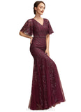 Paulina Trumpet/Mermaid V-neck Floor-Length Tulle Lace Mother of the Bride Dress With Beading Sequins STI126P0014786