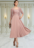 Alexa A-Line Square Neckline Tea-Length Chiffon Lace Mother of the Bride Dress With Beading Sequins STI126P0014789