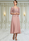 Alexa A-Line Square Neckline Tea-Length Chiffon Lace Mother of the Bride Dress With Beading Sequins STI126P0014789