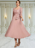 Alexa A-Line Square Neckline Tea-Length Chiffon Lace Mother of the Bride Dress With Beading Sequins STI126P0014789