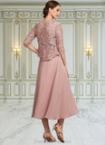 Alexa A-Line Square Neckline Tea-Length Chiffon Lace Mother of the Bride Dress With Beading Sequins STI126P0014789