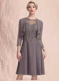 Bethany A-Line Scoop Neck Knee-Length Chiffon Lace Mother of the Bride Dress STI126P0014790