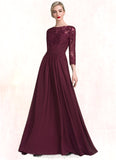 Emery A-Line Scoop Neck Floor-Length Chiffon Lace Mother of the Bride Dress With Ruffle Beading Sequins STI126P0014792