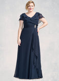 Yareli A-Line V-neck Floor-Length Chiffon Mother of the Bride Dress With Crystal Brooch Cascading Ruffles STI126P0014796