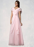 Yareli A-Line V-neck Floor-Length Chiffon Mother of the Bride Dress With Crystal Brooch Cascading Ruffles STI126P0014796