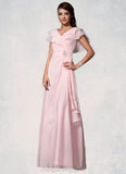 Yareli A-Line V-neck Floor-Length Chiffon Mother of the Bride Dress With Crystal Brooch Cascading Ruffles STI126P0014796