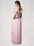 Yareli A-Line V-neck Floor-Length Chiffon Mother of the Bride Dress With Crystal Brooch Cascading Ruffles STI126P0014796