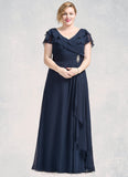 Yareli A-Line V-neck Floor-Length Chiffon Mother of the Bride Dress With Crystal Brooch Cascading Ruffles STI126P0014796