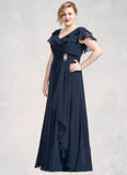 Yareli A-Line V-neck Floor-Length Chiffon Mother of the Bride Dress With Crystal Brooch Cascading Ruffles STI126P0014796