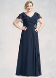 Yareli A-Line V-neck Floor-Length Chiffon Mother of the Bride Dress With Crystal Brooch Cascading Ruffles STI126P0014796