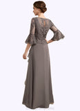 Everly A-Line Scoop Neck Floor-Length Chiffon Lace Mother of the Bride Dress With Beading Cascading Ruffles STI126P0014797