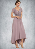 Kaila A-Line V-neck Asymmetrical Chiffon Lace Mother of the Bride Dress With Beading STI126P0014799