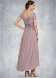 Kaila A-Line V-neck Asymmetrical Chiffon Lace Mother of the Bride Dress With Beading STI126P0014799