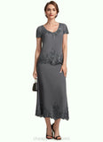 Marin A-Line Scoop Neck Tea-Length Chiffon Lace Mother of the Bride Dress With Sequins STI126P0014800