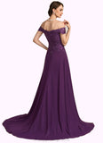 Athena A-Line Off-the-Shoulder Sweep Train Chiffon Lace Mother of the Bride Dress With Beading Sequins STI126P0014801