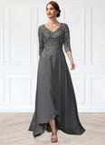 Arielle A-Line V-neck Asymmetrical Chiffon Lace Mother of the Bride Dress With Sequins STI126P0014803