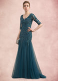 Ruby Trumpet/Mermaid V-neck Sweep Train Tulle Lace Mother of the Bride Dress With Beading Sequins STI126P0014804