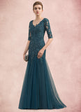 Ruby Trumpet/Mermaid V-neck Sweep Train Tulle Lace Mother of the Bride Dress With Beading Sequins STI126P0014804