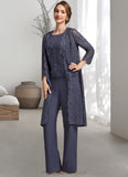 Hanna Jumpsuit/Pantsuit Scoop Neck Floor-Length Chiffon Lace Mother of the Bride Dress With Sequins STI126P0014805