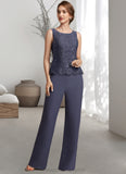 Hanna Jumpsuit/Pantsuit Scoop Neck Floor-Length Chiffon Lace Mother of the Bride Dress With Sequins STI126P0014805