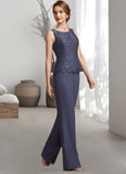 Hanna Jumpsuit/Pantsuit Scoop Neck Floor-Length Chiffon Lace Mother of the Bride Dress With Sequins STI126P0014805