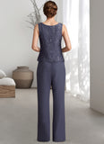 Hanna Jumpsuit/Pantsuit Scoop Neck Floor-Length Chiffon Lace Mother of the Bride Dress With Sequins STI126P0014805