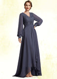 Ellie A-Line V-neck Asymmetrical Chiffon Lace Mother of the Bride Dress STI126P0014809