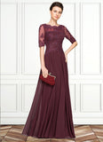 Violet A-Line Scoop Neck Floor-Length Chiffon Lace Mother of the Bride Dress With Beading Sequins STI126P0014810