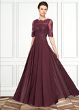 Violet A-Line Scoop Neck Floor-Length Chiffon Lace Mother of the Bride Dress With Beading Sequins STI126P0014810