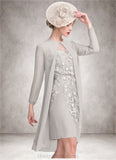 Bria Sheath/Column Scoop Neck Knee-Length Chiffon Lace Mother of the Bride Dress With Beading Sequins STI126P0014811