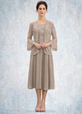 Shyanne A-Line Scoop Neck Tea-Length Chiffon Lace Mother of the Bride Dress With Sequins STI126P0014816