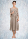 Shyanne A-Line Scoop Neck Tea-Length Chiffon Lace Mother of the Bride Dress With Sequins STI126P0014816