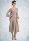 Shyanne A-Line Scoop Neck Tea-Length Chiffon Lace Mother of the Bride Dress With Sequins STI126P0014816