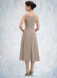 Shyanne A-Line Scoop Neck Tea-Length Chiffon Lace Mother of the Bride Dress With Sequins STI126P0014816